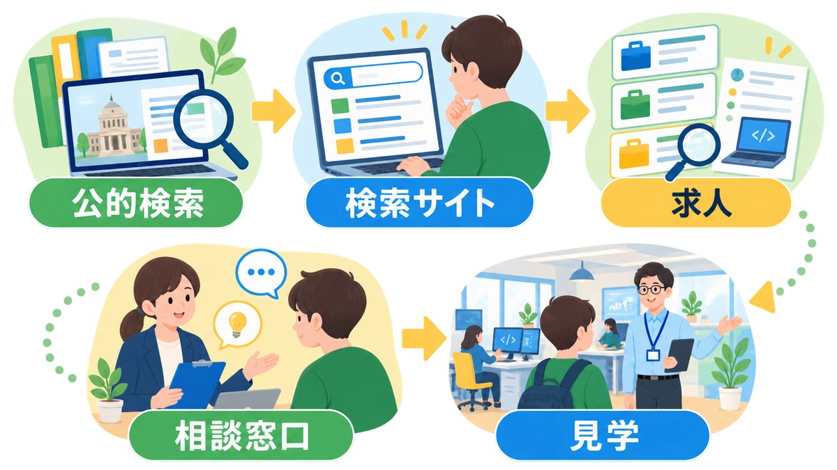 公的検索・検索サイト・求人・相談窓口・見学でIT系事業所を探す手順図