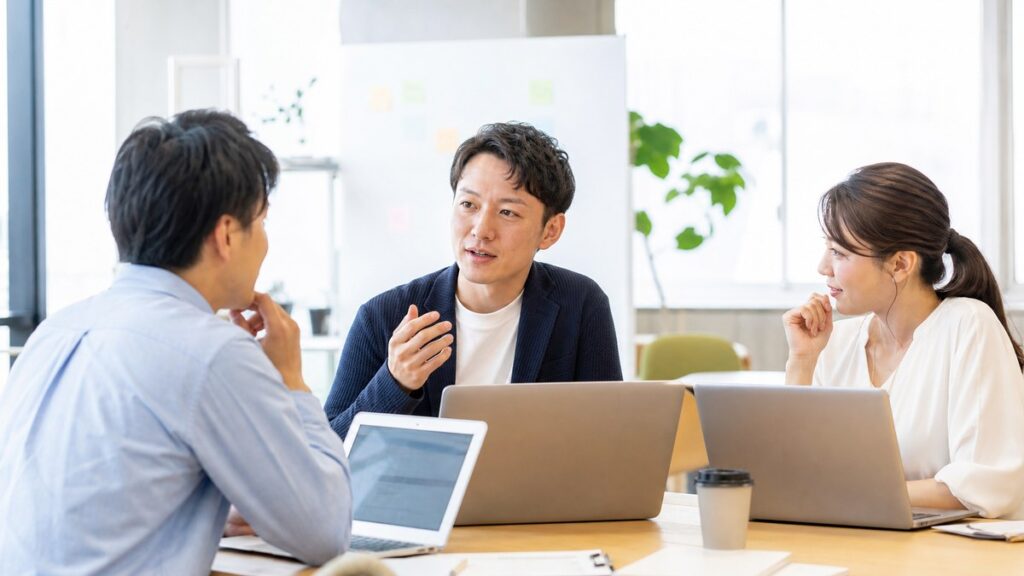 身につけたITスキルを活かし職場で同僚と仕事を進める日本人の社会人