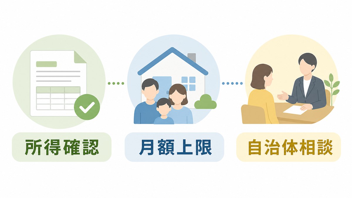 所得確認・月額上限・自治体相談で利用料金を確かめる流れを示す図解