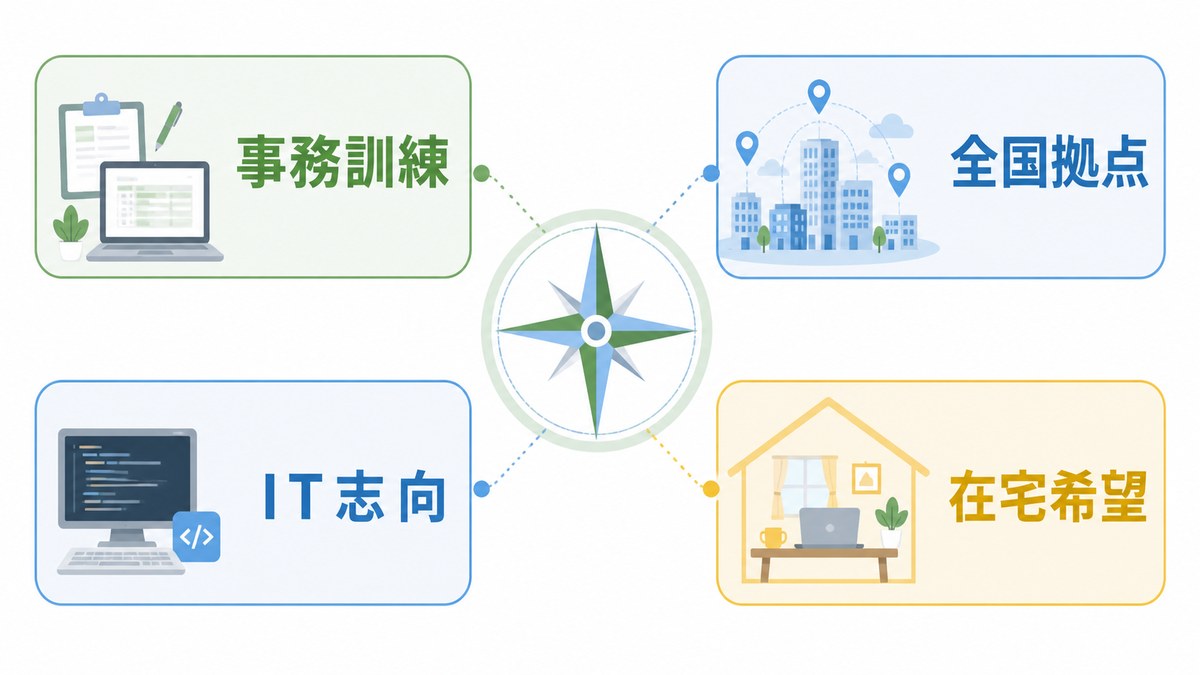 事務訓練・全国拠点・IT志向・在宅希望の比較軸を示す図解