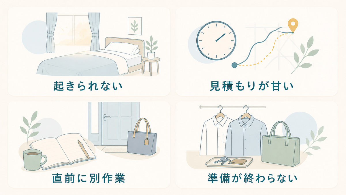 起きられない・見積もりが甘い・直前に別作業・準備が終わらないという四つの型を並べた図