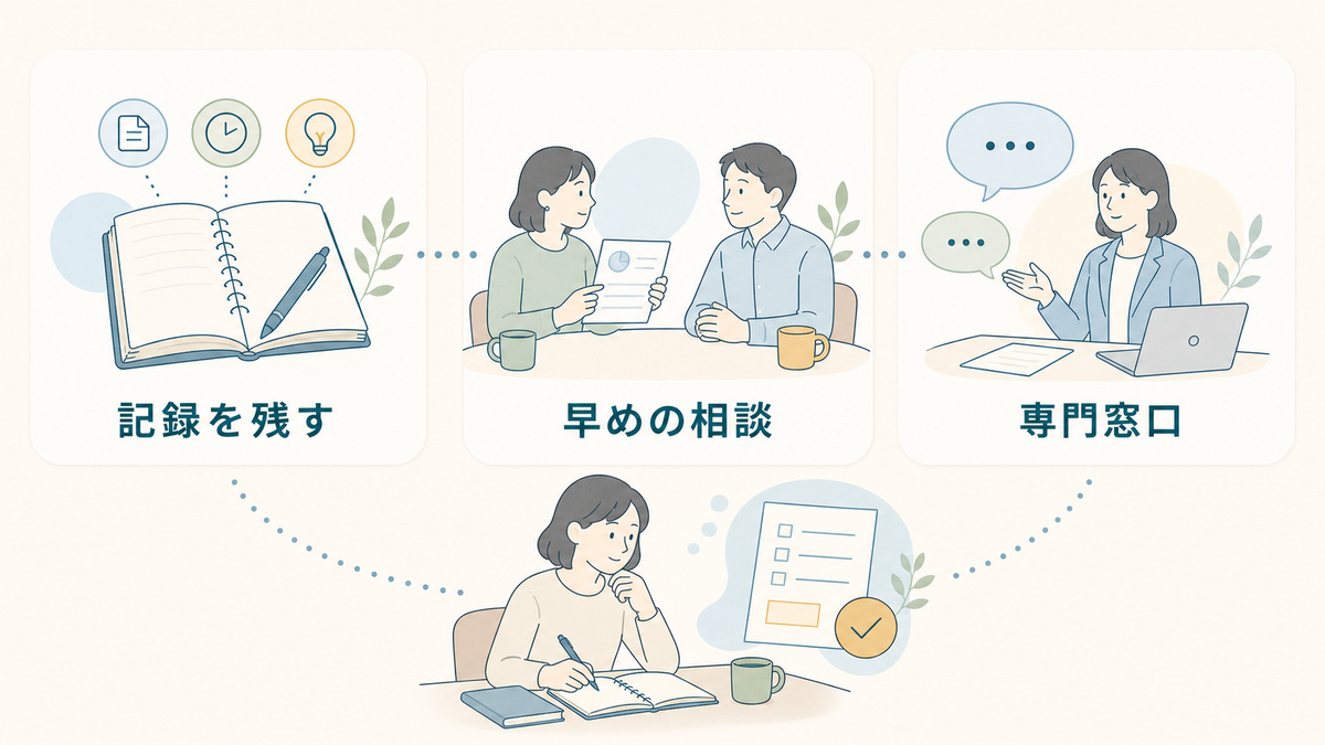 遅刻の状況と試した対策を記録し、早めの相談や専門窓口につなげる図