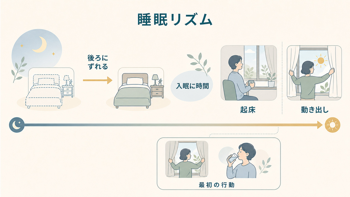 睡眠リズムの後ろずれ、入眠までの時間、起床から動き出すまでを示す時間軸の図