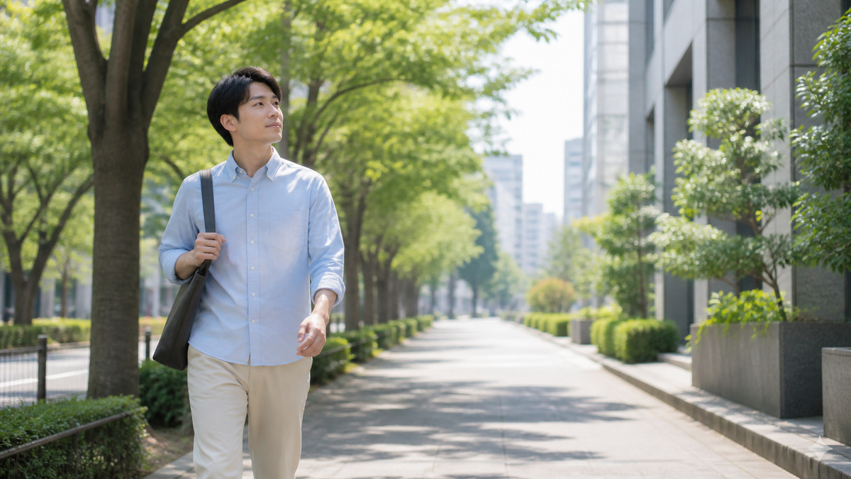 明るい朝の道を、自分のペースで仕事へ向かう男性