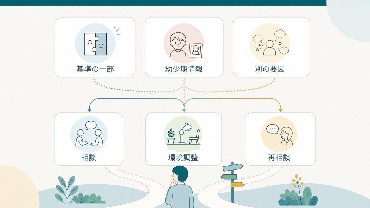 診断がつかない複数の理由から相談や環境調整、再相談へ進む選択肢の図