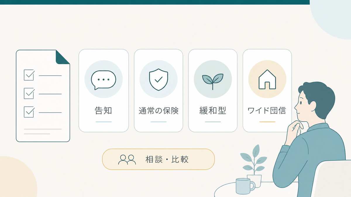 診断後も通常の保険や緩和型、ワイド団信などを相談し比較できる選択肢の図