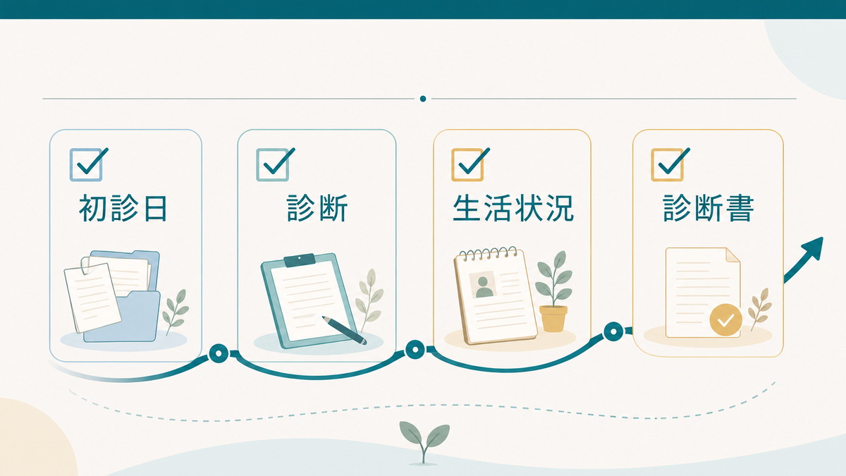 ADHDの障害者手帳で確認する初診日・診断・生活状況・診断書の図