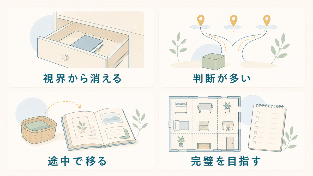 視界から消える、判断が多い、途中で移る、完璧を目指すという四つのつまずきを対等に並べた分類図