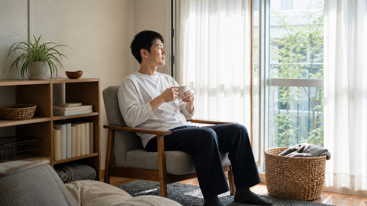 使いやすい棚やカゴのある明るい部屋で、窓辺の椅子に座り穏やかに過ごす男性
