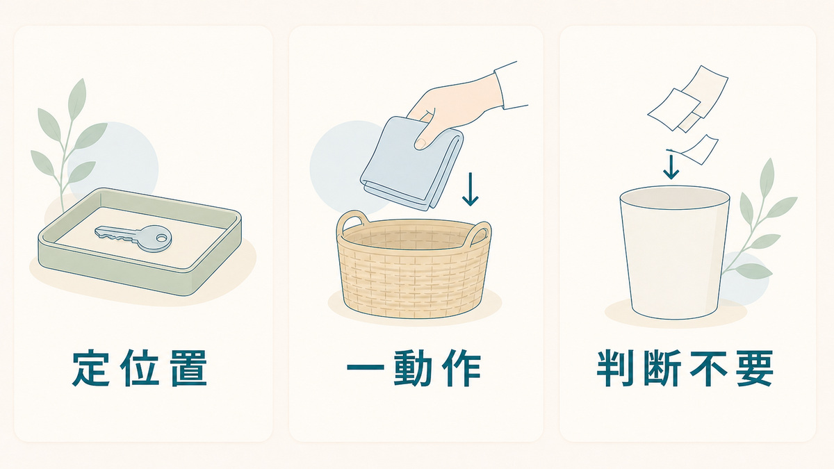 定位置を決める、一動作で戻す、判断が要らない作業から始めるという三つの方針を示した図解