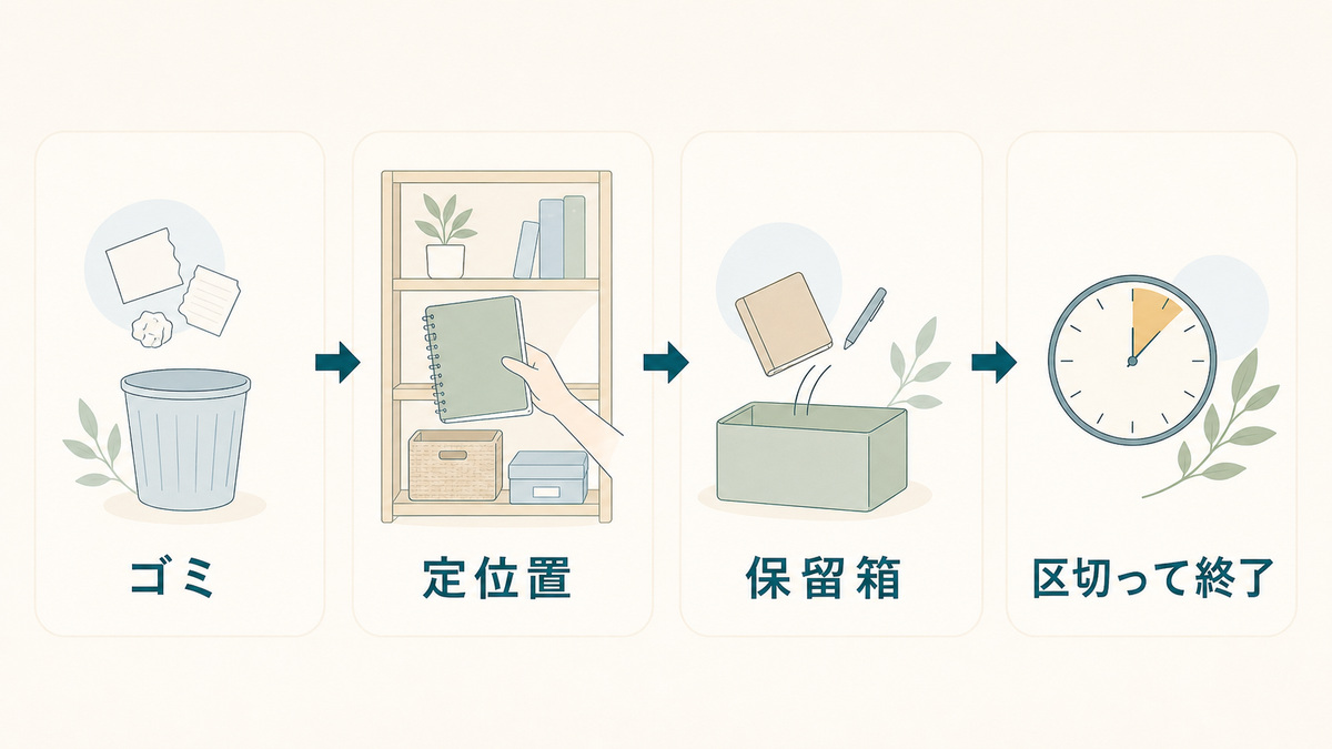 ゴミを捨てる、定位置へ戻す、迷う物は保留箱へ、区切って終了するという順番を矢印で示す図解