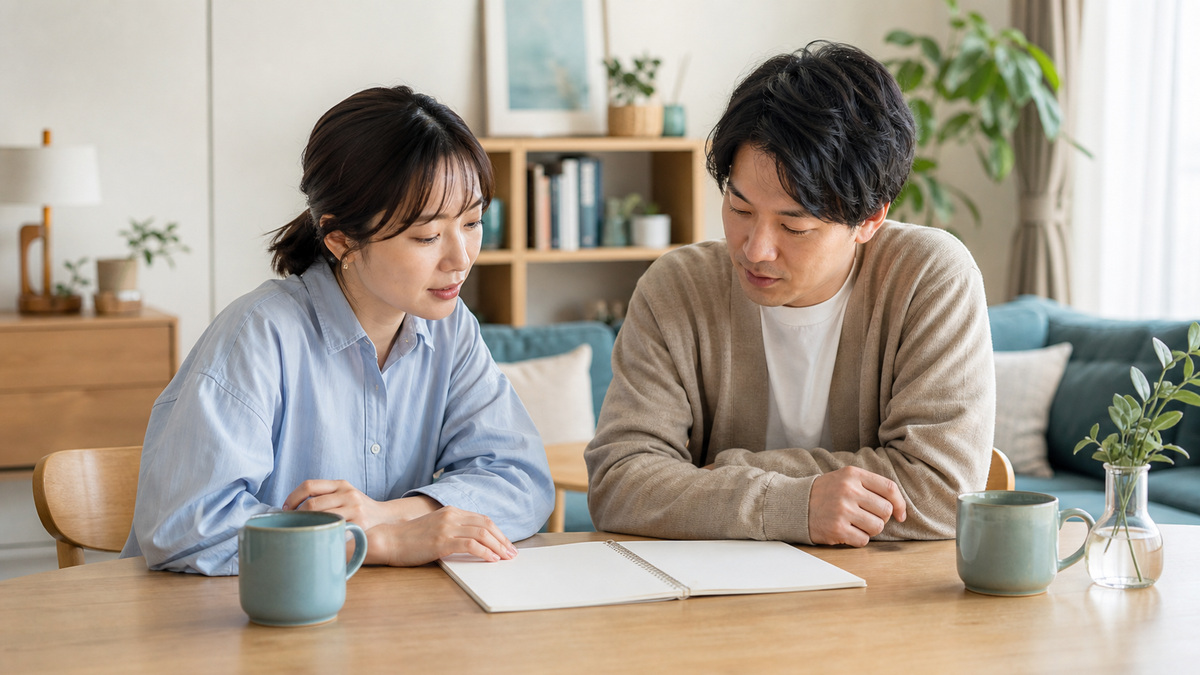 明るいダイニングで同じノートを見ながら落ち着いて話し合う二人