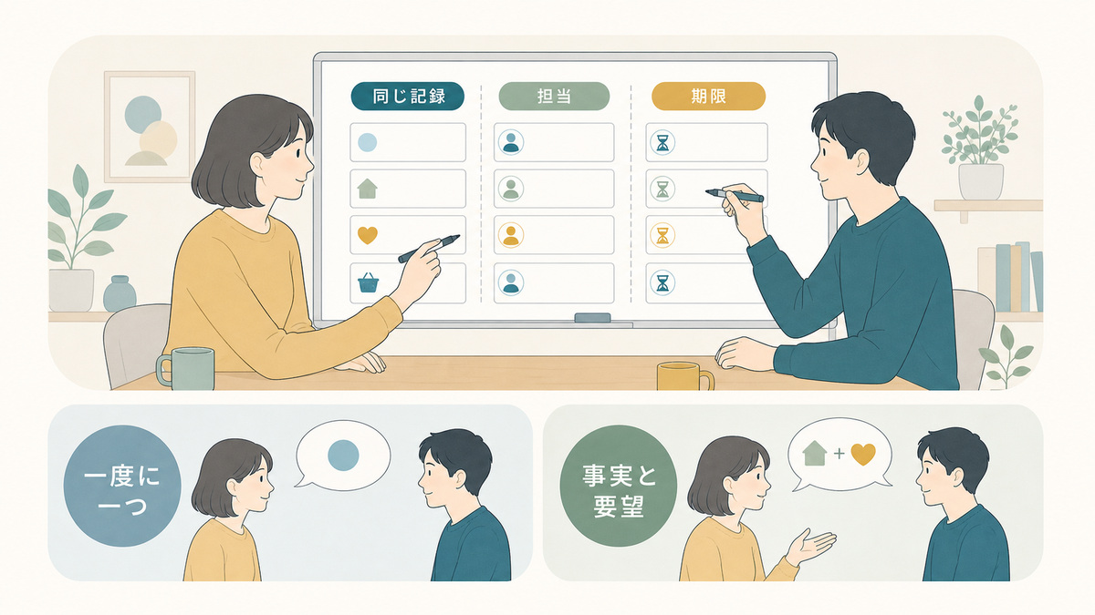 二人が同じ記録を見ながら担当・期限を決め、用件を一つずつ共有する図