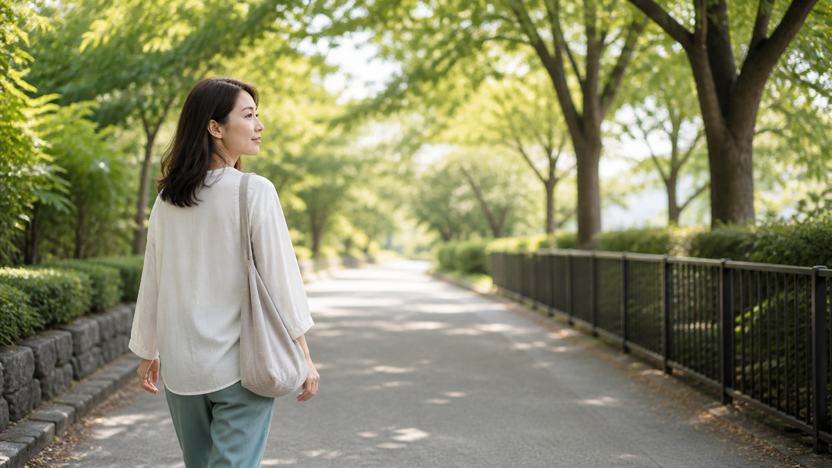 穏やかな朝の緑道を、自分のペースで次の一歩を踏み出す女性