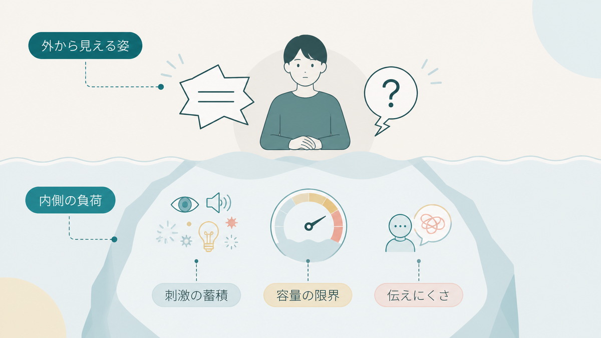 外から見える姿と本人の内側にある刺激の蓄積や負荷を対比した図