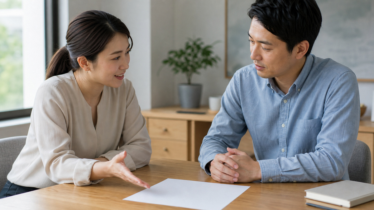 同じ資料を囲み、内容を確かめながら対等に話す二人の日本人会社員