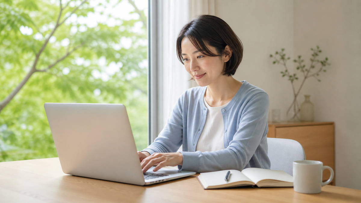 明るい窓辺の作業机でノートを手元に置き、自分のペースで仕事を進める日本人の会社員