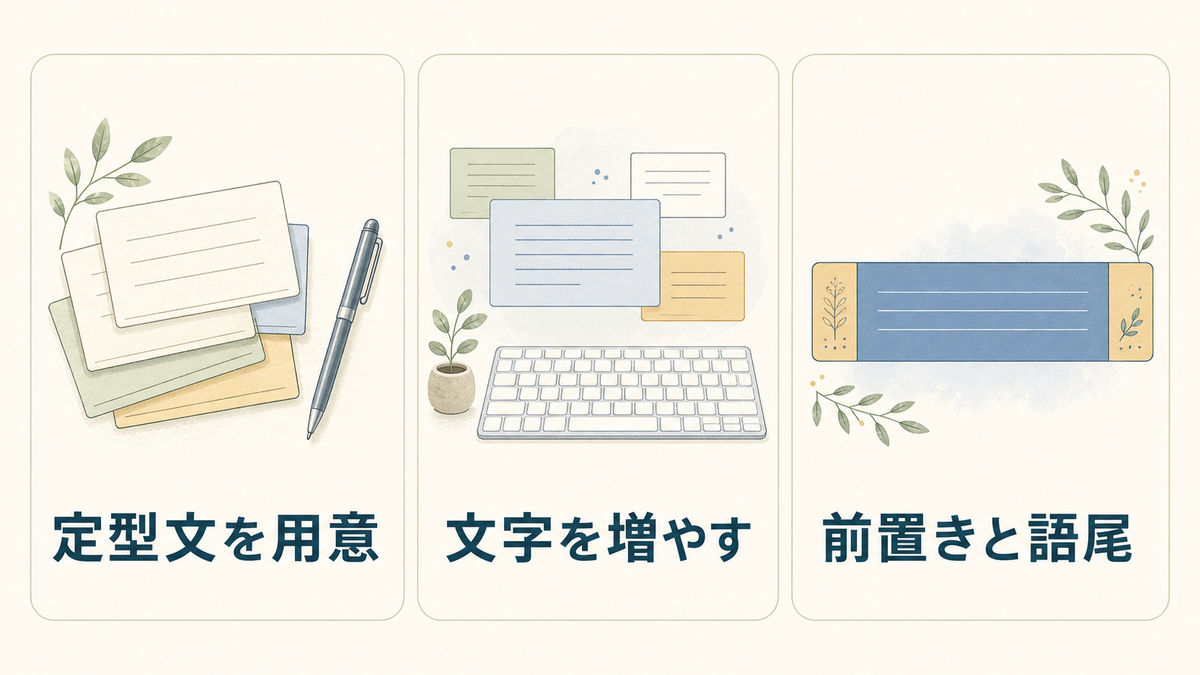 定型文を用意する、文字でのやりとりを増やす、前置きと語尾を整えるという三つの方針を示す図解
