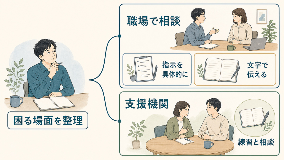 困る場面の整理から、職場での具体的な指示や文字での連絡、支援機関での練習と相談へつながる図解