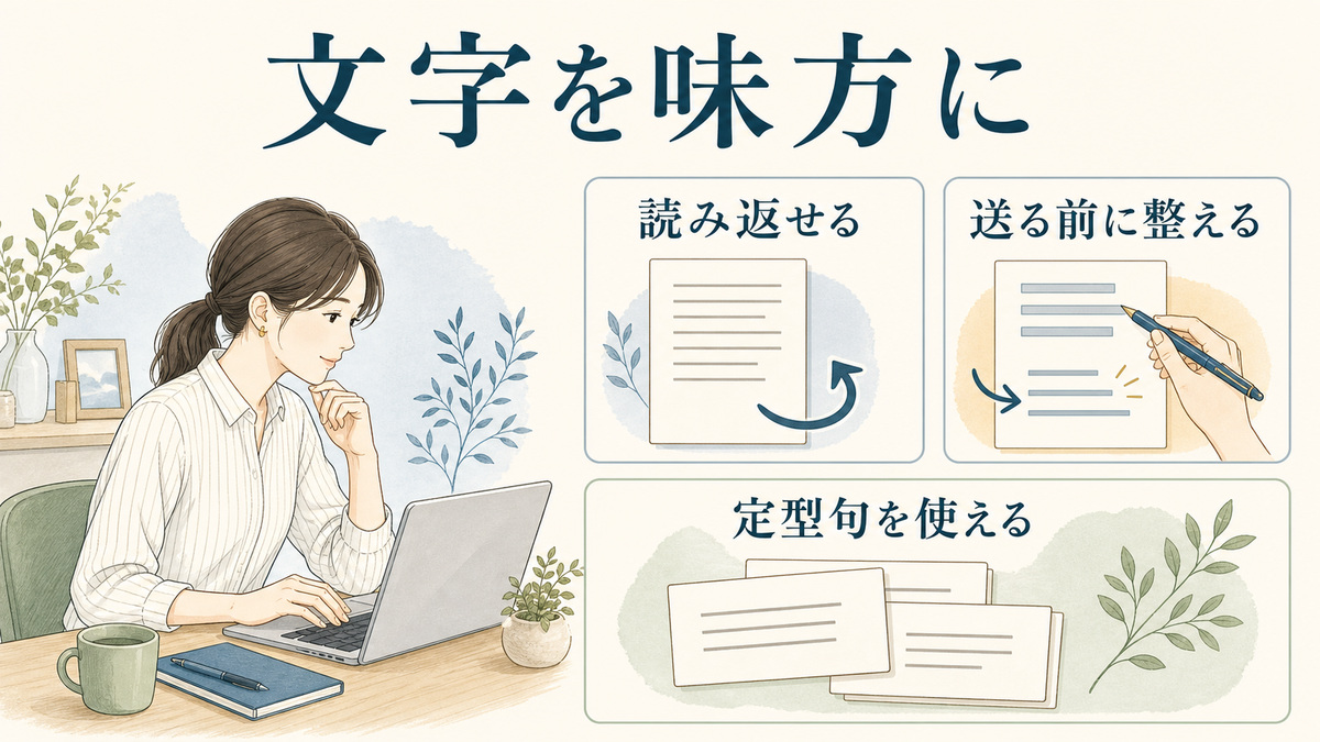 文字のやりとりを、読み返し、送信前の調整、定型句の活用ができる強みとして示した図解