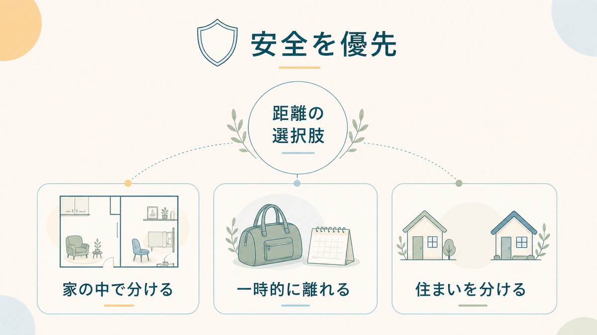 安全を優先しながら、家の中で分ける、一時的に離れる、住まいを分けるという距離の選択肢を示す図解