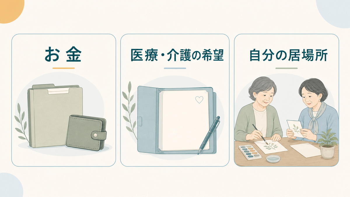 お金の把握、医療・介護の希望の文書化、自分の居場所という老後の準備を示した図解