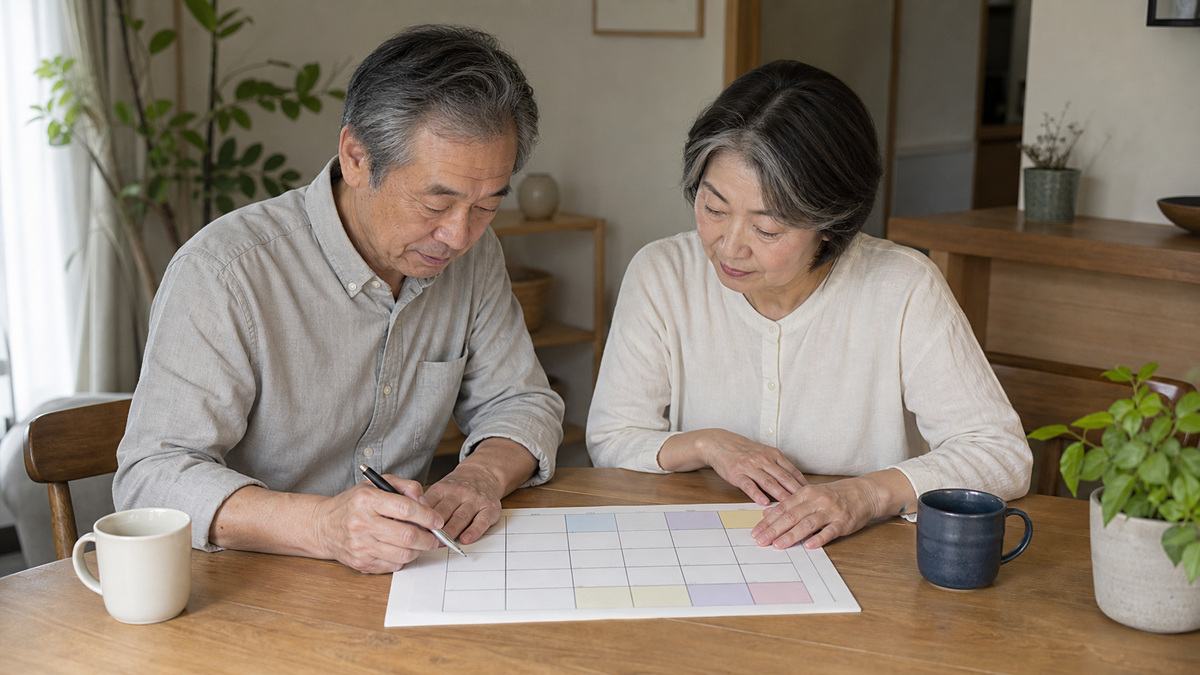 同じ予定表を見ながら、二人で暮らしの段取りを相談する50〜60代の夫婦