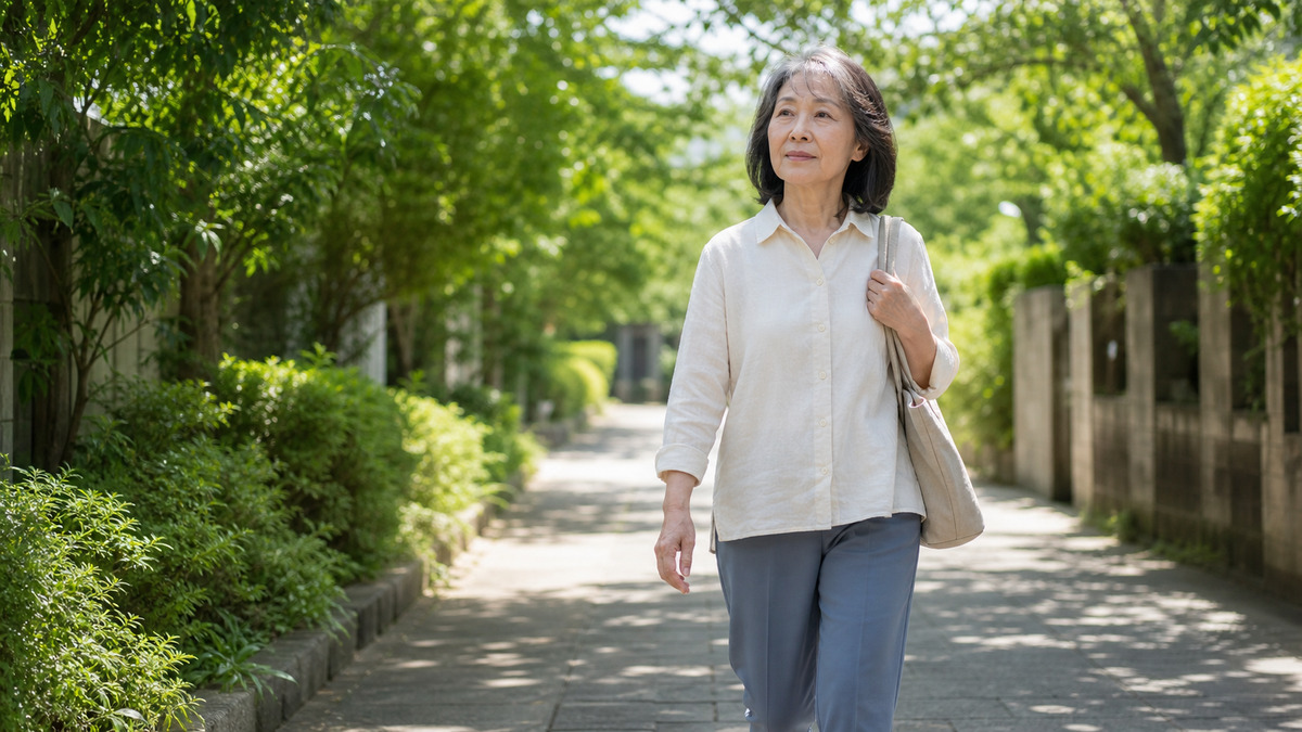 明るい並木道を自然な足取りで歩く50〜60代の女性