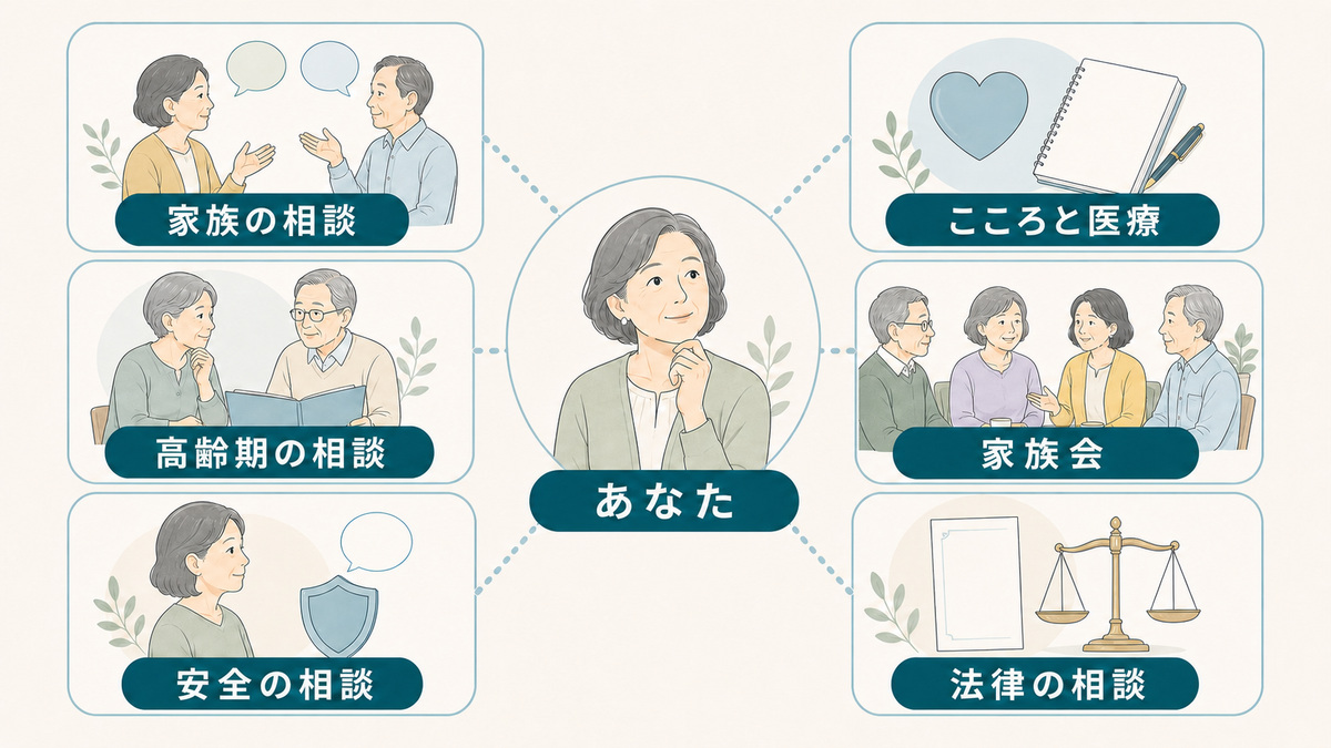 妻自身を中心に、家族、こころと医療、家族会、高齢期、安全、法律の相談先をつないだ図解