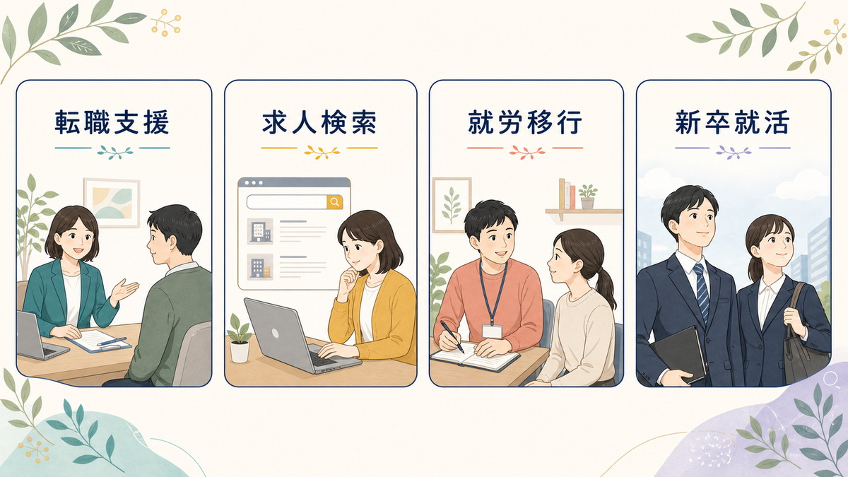障害者向け転職支援・求人検索・就労移行・新卒就活の4サービスを示す図