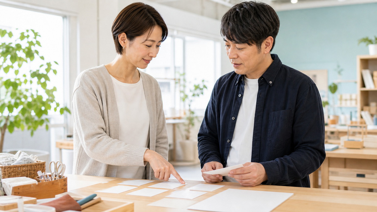 B型事業所の明るい作業場で支援者と選択肢を確認する利用者
