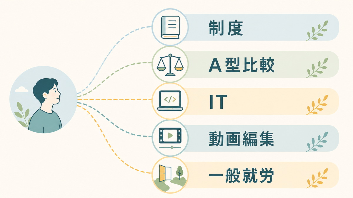 B型事業所について制度・A型比較・IT・動画編集・一般就労から情報を選ぶ図