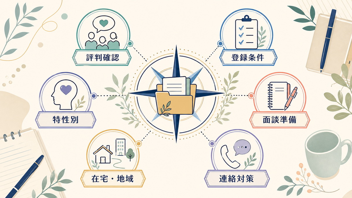 評判確認など目的別に情報を探す6つの入口を示す図