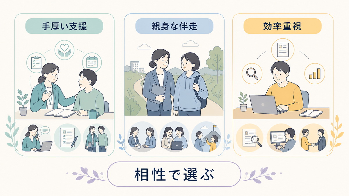 手厚い支援・親身な伴走・効率重視の3支援スタイルを比較する図