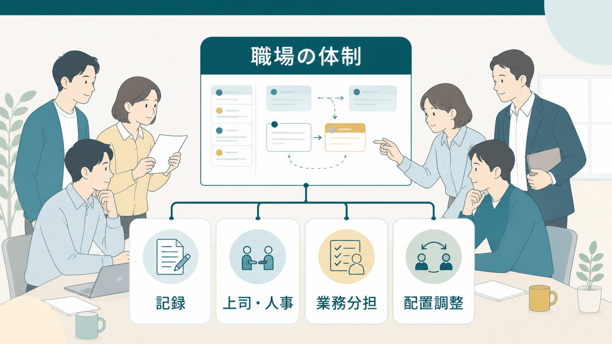 職場の体制を記録・上司人事・業務分担・配置調整から見直す図