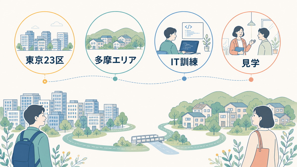 東京23区と多摩エリアでIT就労移行支援を探すイメージ