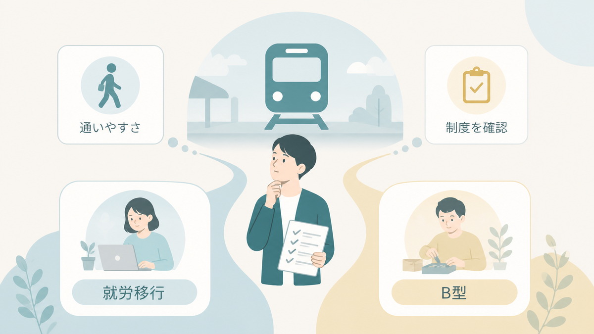 駅から通いやすい環境で就労移行支援とB型事業所の違いを確認するイメージ図