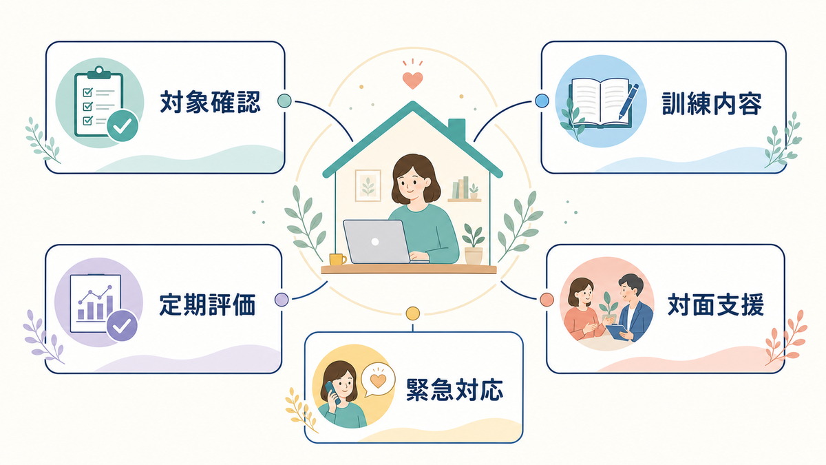 在宅利用で確認される対象・訓練内容・評価・対面支援・緊急対応の図