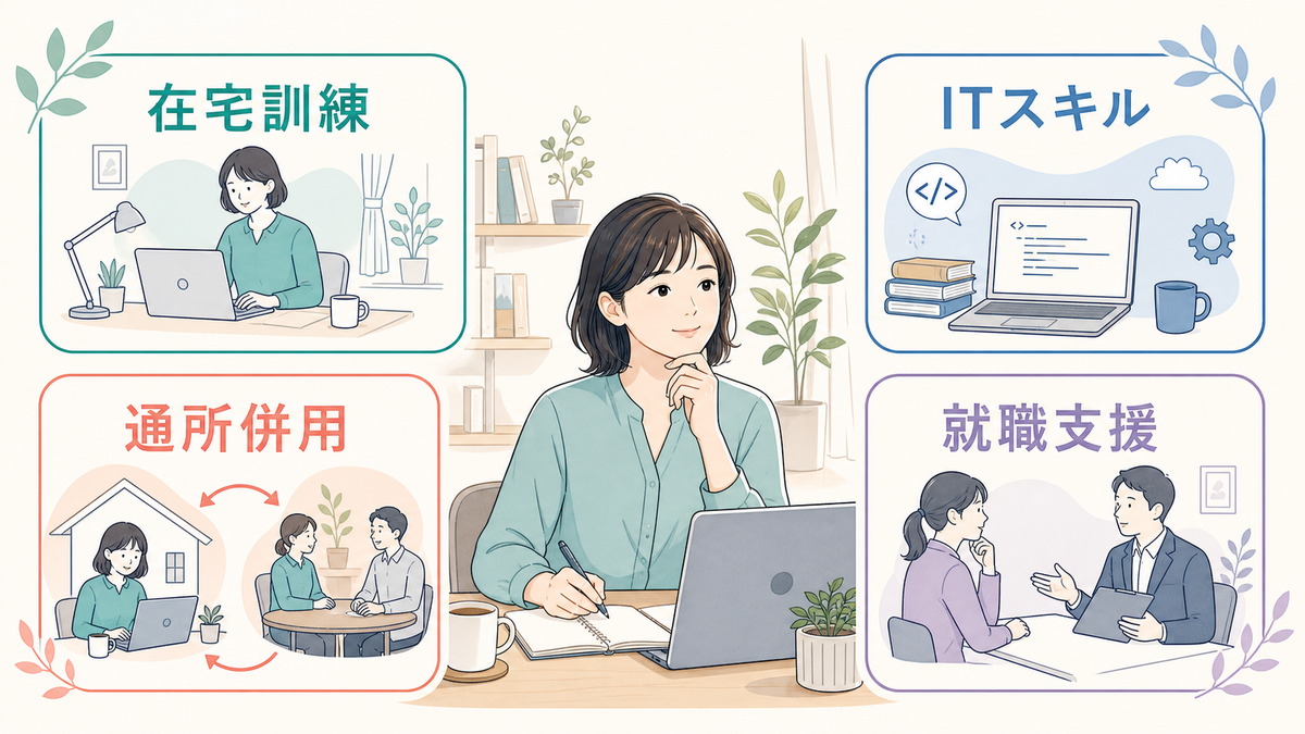 在宅訓練・ITスキル・通所併用・就職支援の4タイプを示す図
