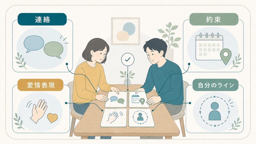 恋人同士が連絡や約束と自分の消耗のラインを対等に決める図