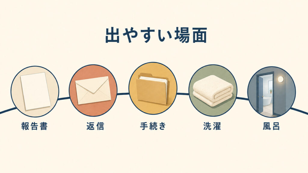 報告書、返信、手続き、洗濯、風呂という先延ばしが出やすい場面の図