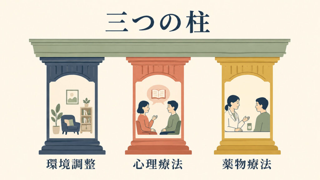環境調整、心理療法、薬物療法を対等な三本柱として示す図