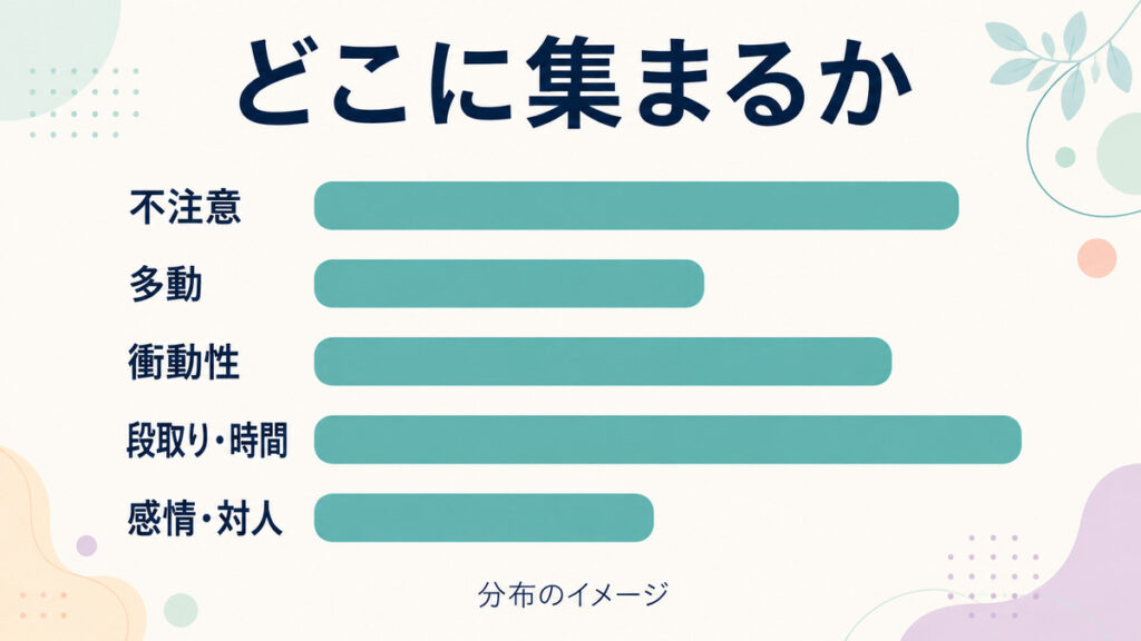 長さの異なる棒で不注意・多動・衝動性・段取りと時間・感情と対人への困りごとの集まりを示す概念図