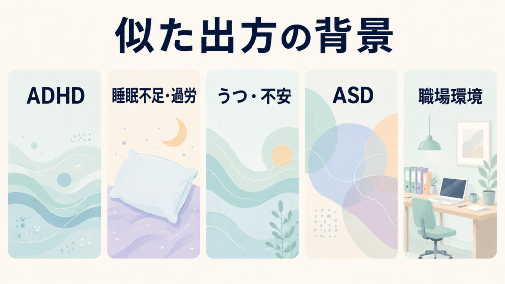 ADHD・睡眠不足と過労・うつと不安・ASD・職場環境を同じ大きさで並べた確認の図