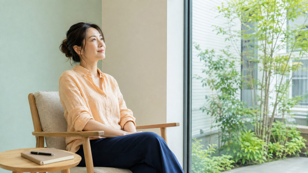 整理を終えたノートを傍らに置き、顔を上げて次の一歩を考える女性