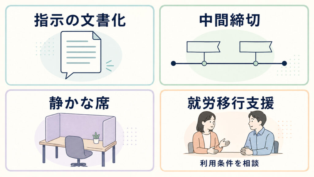 指示の文書化・中間締切・静かな席と、利用条件を相談する就労移行支援の選択肢を示す図