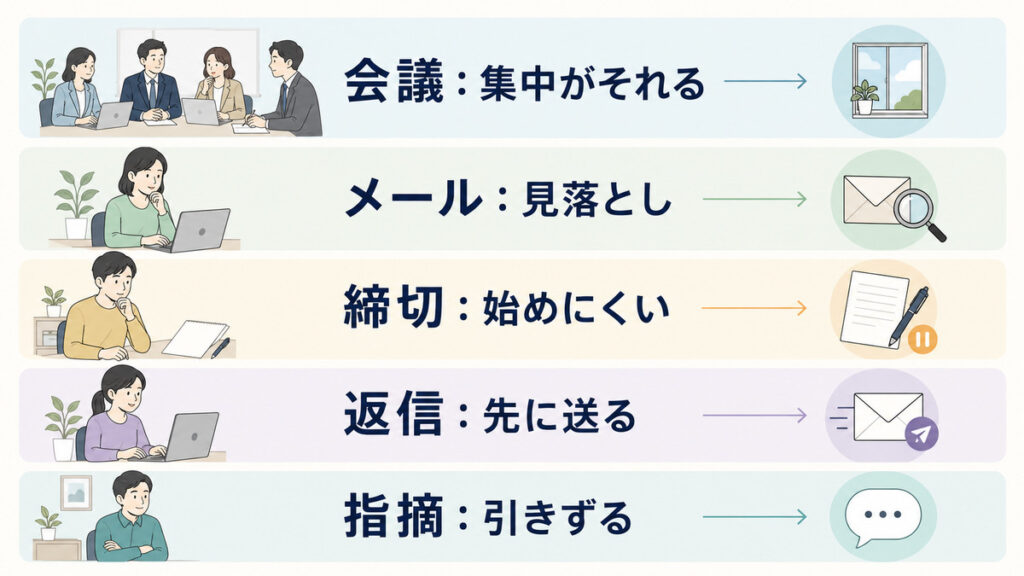 会議・メール・締切・返信・指摘と、仕事中に起こりやすい困りごとを対応させた図