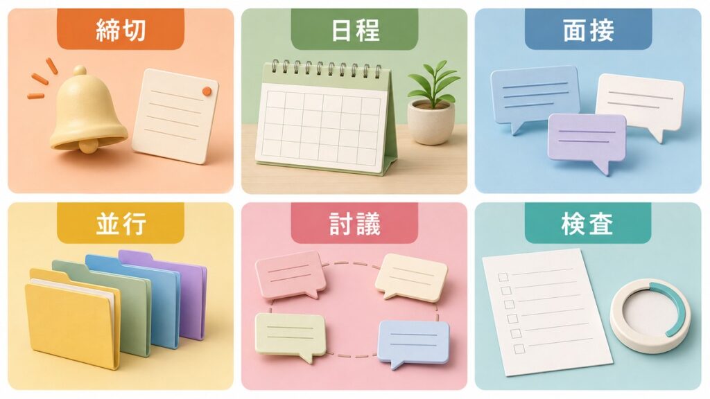 就活の六つの工程に通知・予定表・回答の型などの仕組みを付けた図