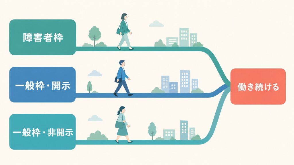 三つの就職経路で働き続ける人の違いを善悪をつけず示す図