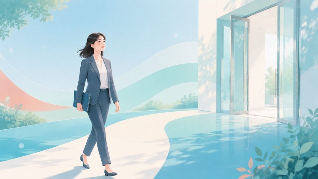 自分で方針を決めて明るい面接会場へ向かう日本人の若者